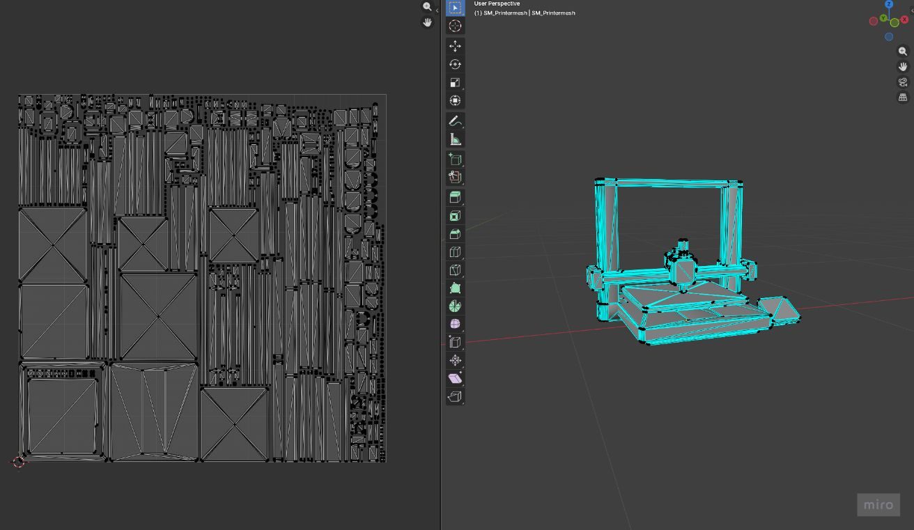 Low-poly 3D printer model in Blender beside its UV layout