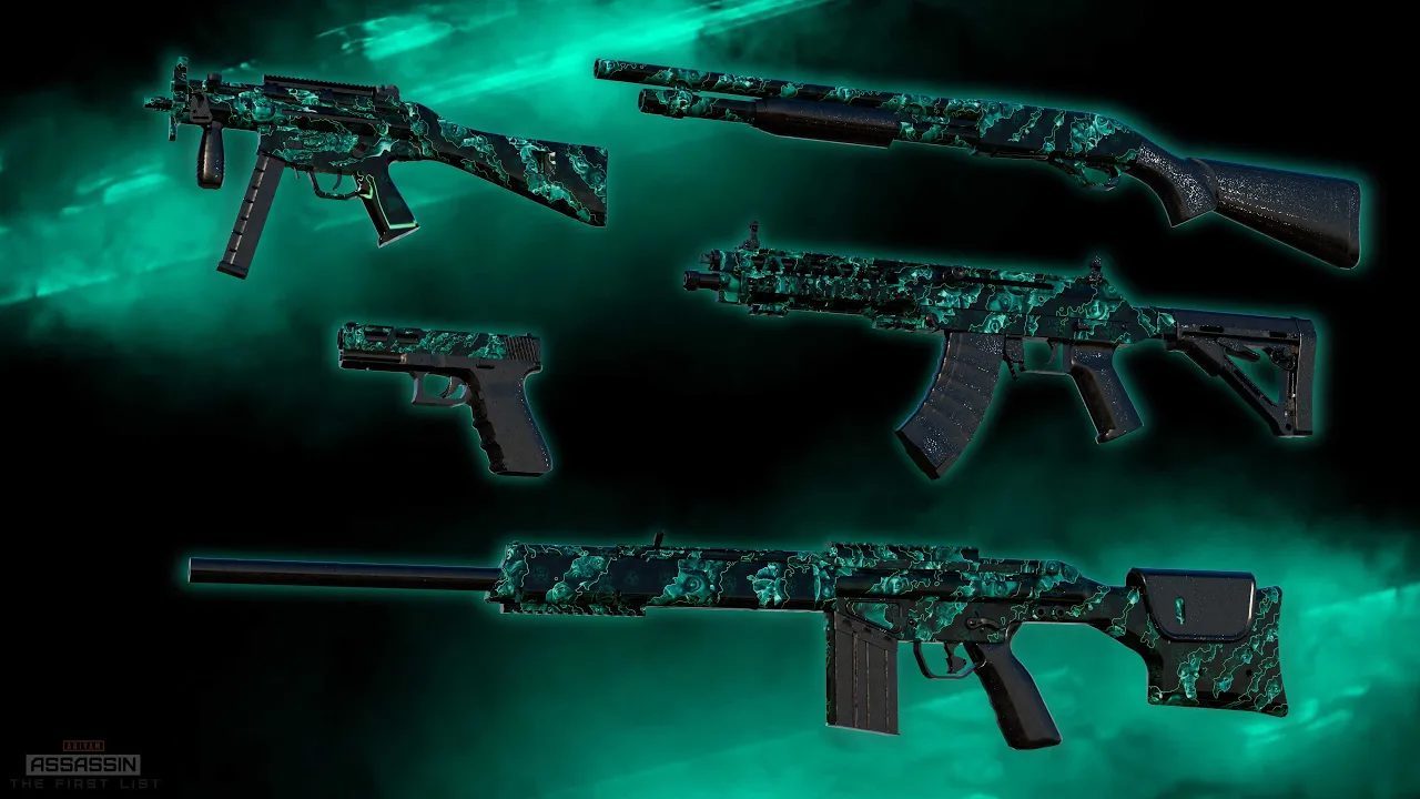 Venom skin set on five weapons: SMG, shotgun, pistol, assault rifle and marksman rifle, with teal acid camouflage